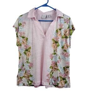 100% Linen Pink Floral Joie Collared V Neck Top Medium Burnout Feminine Cottage